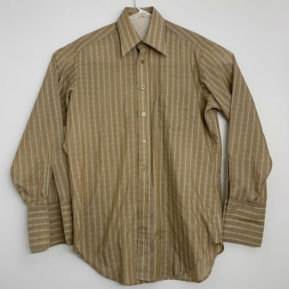 Vintage 60s 70s Sears Best PERMA-PREST Brown French Cuff Disco Shirt Mens XL